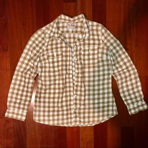 Oversized plaid checker tan & white flannel shirt